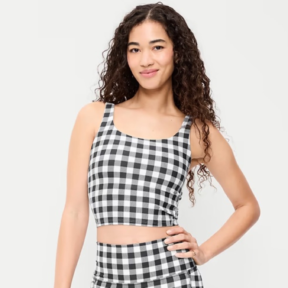 NWT! Old Navy Black/White Gingham Light Support PowerSoft Longline Sports Bra ⛰️